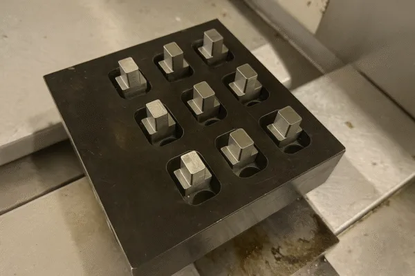 Metal blocks secured in a fixture on a CNC machine, ready for precise machining in a production setup.