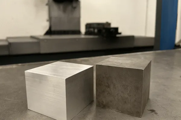 Two metal blocks, one shiny and one with a rough surface, placed on a workbench in a machining environment.