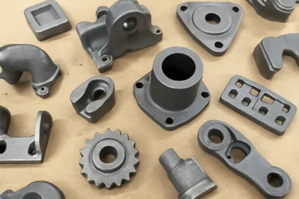 Various metal cast parts showcasing different shapes and sizes, including gears, elbows, and flanges, on a workbench.