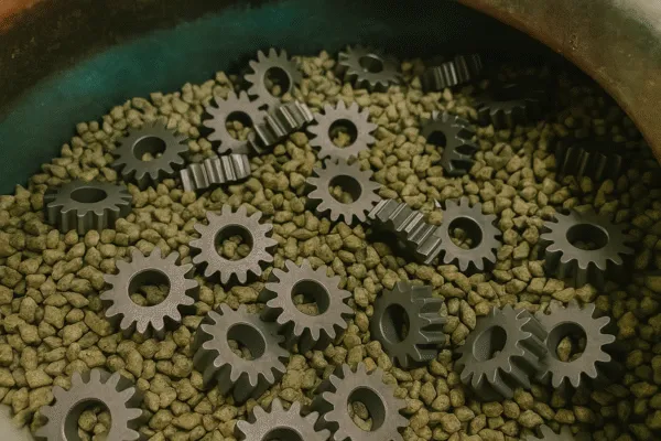 Metal gears placed on top of small ceramic media, showing parts undergoing finishing treatment.