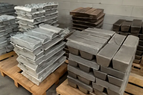Stacks of metal ingots wrapped in protective material, ready for shipment or further processing in a manufacturing facility.