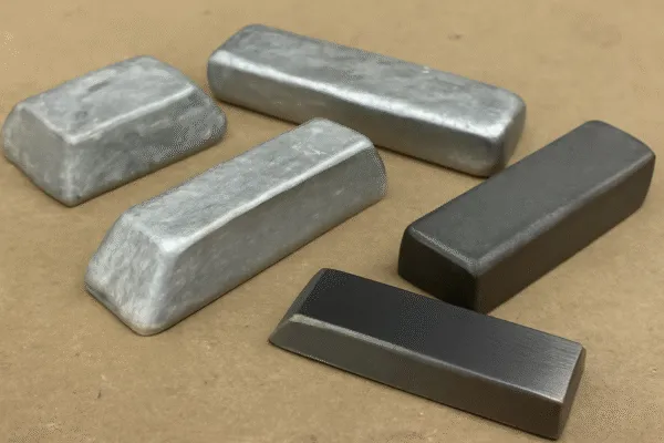 Various metal ingots with different surface finishes, including galvanized, blackened, and polished, displayed on a flat surface.