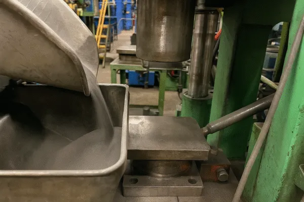 Filling a metal mold with material in preparation for a stamping press machine, showcasing the metalworking process.