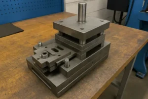 Stacked metal stamping dies and tooling used for precision part manufacturing in a workshop.