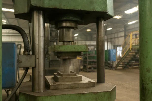 Close-up of a metal stamping press machine in operation, applying pressure to a metal part.