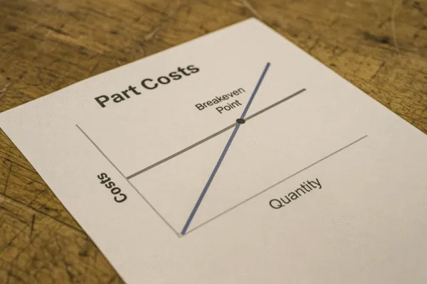 Graph showing part costs versus quantity, with a break-even point where the costs of production align with the quantity produced.