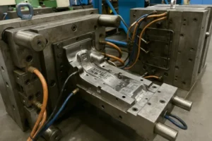Close-up of a plastic injection mold with cooling channels, showing intricate details of the part cavity.