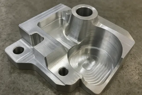 Close-up of a precision CNC machined aluminum part, showcasing intricate detailing and smooth surface finish.