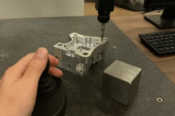 Precision CNC machining process showing the operation of a joystick controlling the machining of an aluminum part.
