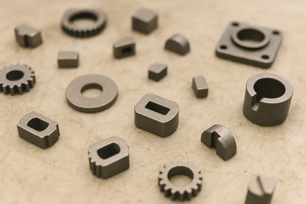 Close-up of various metal components, including gears, washers, and brackets, showcasing precision manufacturing.
