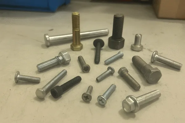Assorted metal bolts and screws on a workshop workbench, including hex head and socket head fasteners.
