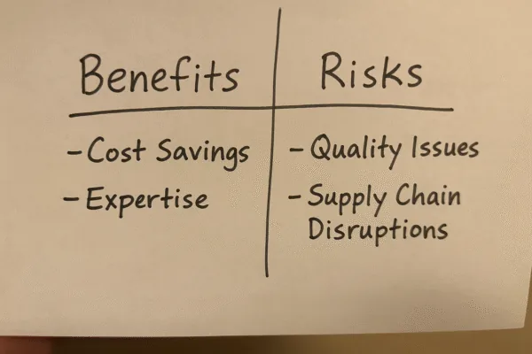 Handwritten chart listing benefits vs risks of contract manufacturing, including cost savings, expertise, quality issues, and supply chain disruptions.