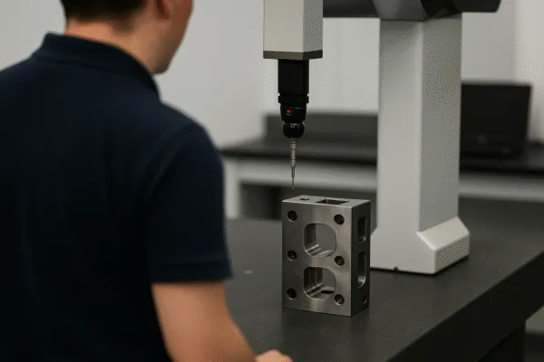 A precision metal part undergoing inspection using a CMM (Coordinate Measuring Machine) in a quality control lab.