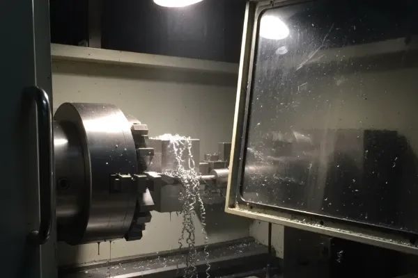 CNC lathe turning operation inside the machine enclosure, with metal chips forming during precision machining.