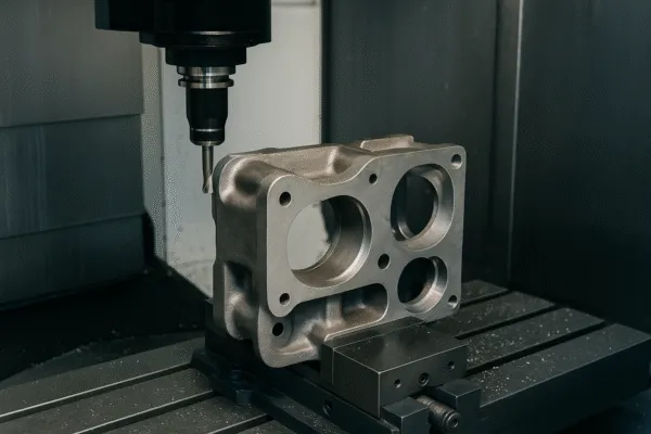 CNC machining process with a part being milled by a precision machine tool.
