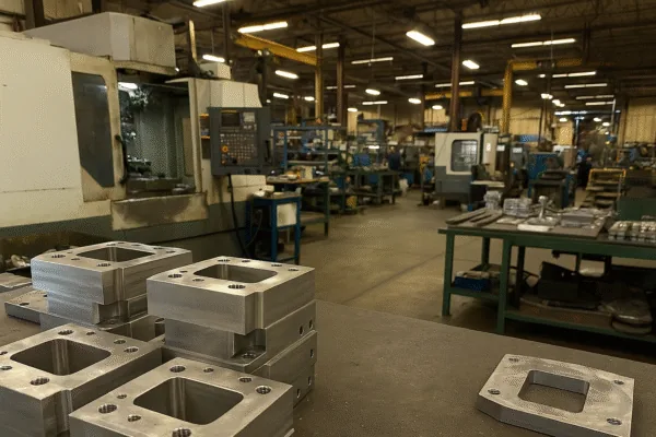 CNC machining workshop with stacked machined aluminum parts in the foreground and machining centers in the background.