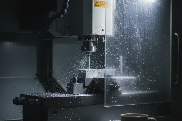 CNC milling machine cutting a metal workpiece with coolant spray and chips inside the machine enclosure.