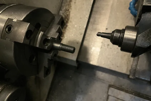 CNC turning process showing a metal part being machined with a cutting tool in a CNC lathe.