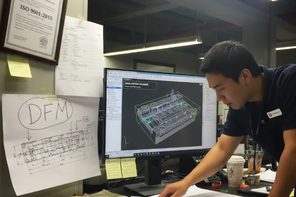 Engineer reviewing a CAD tooling design on a monitor with DFM notes and ISO 9001 certificate displayed, showing manufacturing engineering and quality planning.