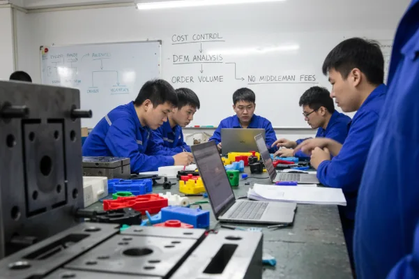 Engineering team meeting in a workshop reviewing DFM analysis and cost control, with laptops and sample parts on the table.