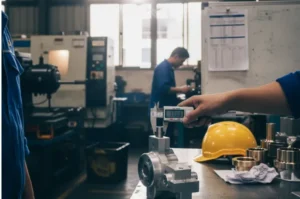 Digital caliper measuring a machined metal component on a shop-floor workbench, with safety helmet and machining equipment in the background.