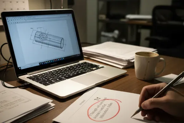 Engineer reviewing a CAD drawing on a laptop and marking notes on a document at a desk, showing product design and RFQ preparation.