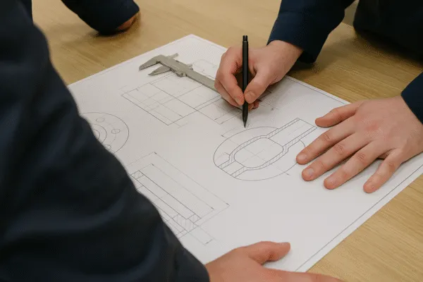 Engineers working on a detailed engineering drawing with a caliper and pen.