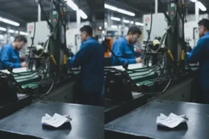 Factory production line with workers operating industrial machinery, showing manufacturing process on a shop floor.
