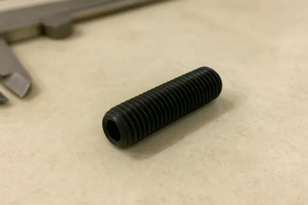 Close-up of a black hex socket bolt with fine threading and a clear view of the hexagonal drive.