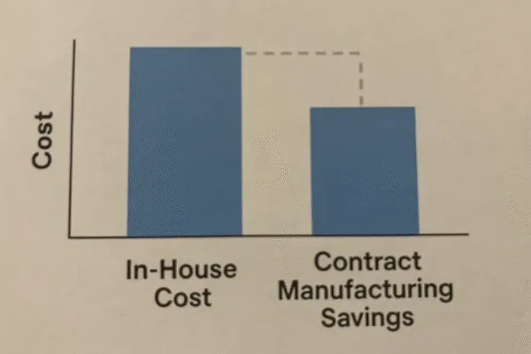 Bar chart comparing in-house cost versus contract manufacturing savings, showing lower cost with outsourcing.
