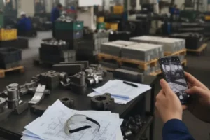 Operator photographing machined metal parts on a shop-floor workbench with engineering drawings, showing in-process inspection and documentation.