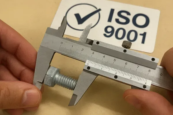 Caliper measuring a hex bolt on a workbench with ISO 9001 sign in the background, highlighting quality control inspection.