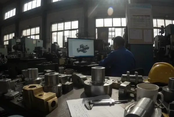 Machine shop workbench with machined metal parts and calipers, while an engineer reviews a CAD model on a computer in the background.