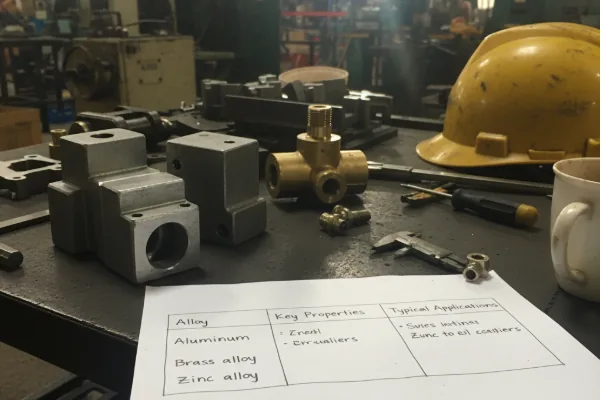 Machined metal parts and a brass fitting on a shop-floor workbench with calipers and a hard hat, showing quality control and material reference.