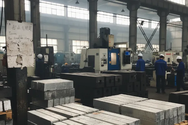 Industrial machining workshop with operators on the shop floor and stacked metal blocks in the foreground, showing factory production capacity.