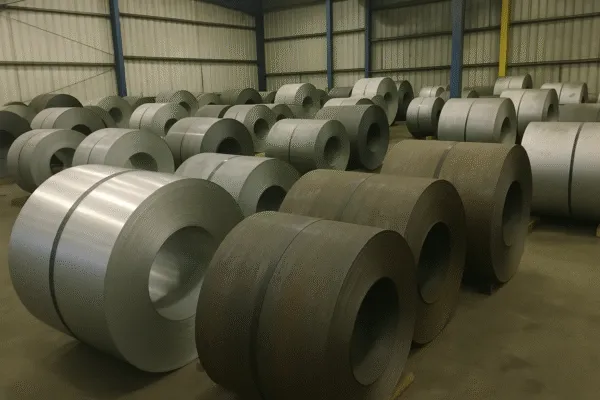 Warehouse with metal coils of various types, including aluminum and steel rolls, stacked neatly on the floor.