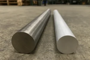 Comparison of a steel rod and an aluminum rod side by side in a workshop.