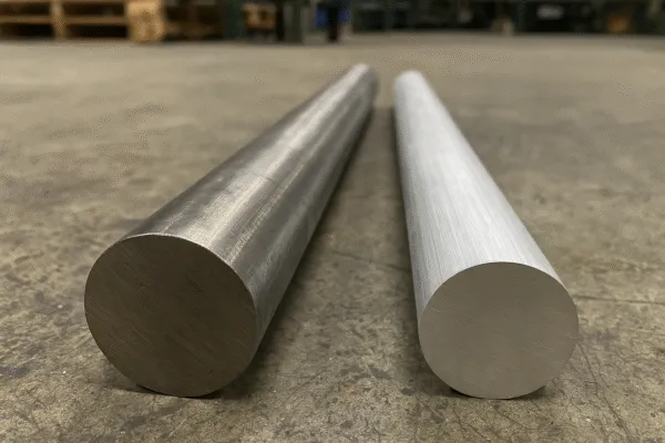 Comparison of a steel rod and an aluminum rod side by side in a workshop.