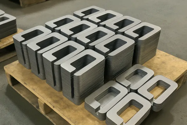 Stacks of precision-cut metal stamping parts with rectangular openings, neatly arranged on a wooden pallet.