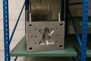 Metal mold tooling stored on a shelf in a manufacturing facility.