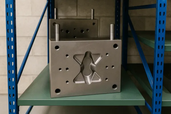 Metal mold tooling stored on a shelf in a manufacturing facility.