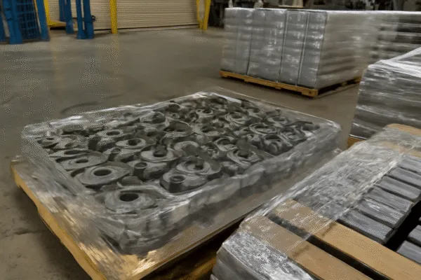 Metal components wrapped and palletized in a warehouse, ready for shipping.