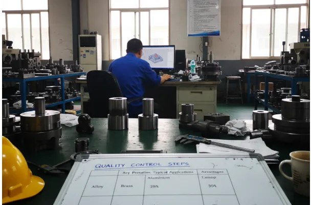 Quality control workstation in a machine shop with metal parts on benches and a “Quality Control Steps” sheet in the foreground.