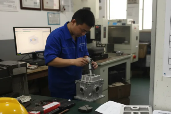 Technician measuring a machined metal housing with a caliper in a quality inspection room, showing precision dimensional checking.