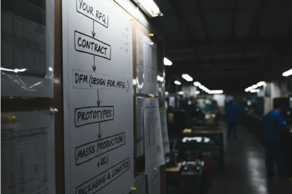 Manufacturing workflow board showing RFQ, contract, DFM (design for manufacturing), prototypes, mass production, and packaging in a factory.