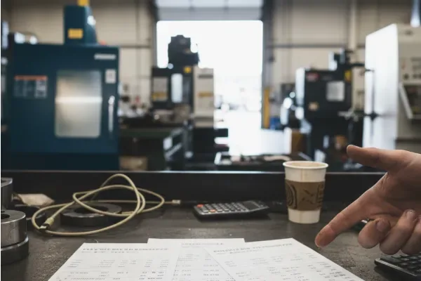 Machine shop workbench with production paperwork, calculator, and coffee cup, with CNC machines blurred in the background and a hand pointing at the documents.
