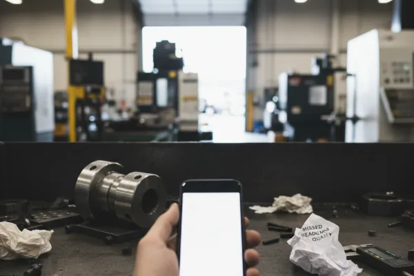 Hand holding a smartphone on a machine shop workbench with a metal component and CNC machines in the background, showing real-time production monitoring.