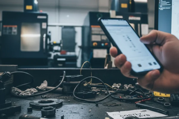 Hand holding a smartphone on a CNC shop floor workbench, showing digital production tracking with machines in the background.