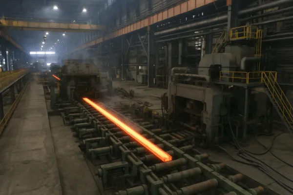 Steel forging process with a red-hot metal bar passing through a rolling mill in a large industrial factory.