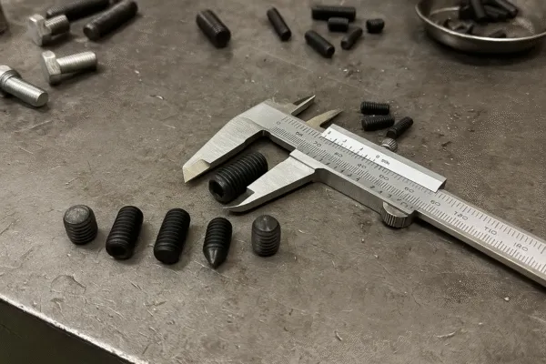 Threaded components being measured with a caliper in a workshop.